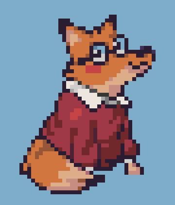 A pixel art fox with glasses smiling at the sky